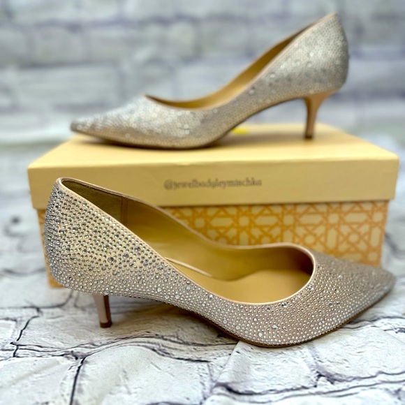 Badgley Mischka Frenchie Jeweled Kitten Heels Size 8 CHMSAT‎ Champagne Satin NIB - Picture 8 of 14